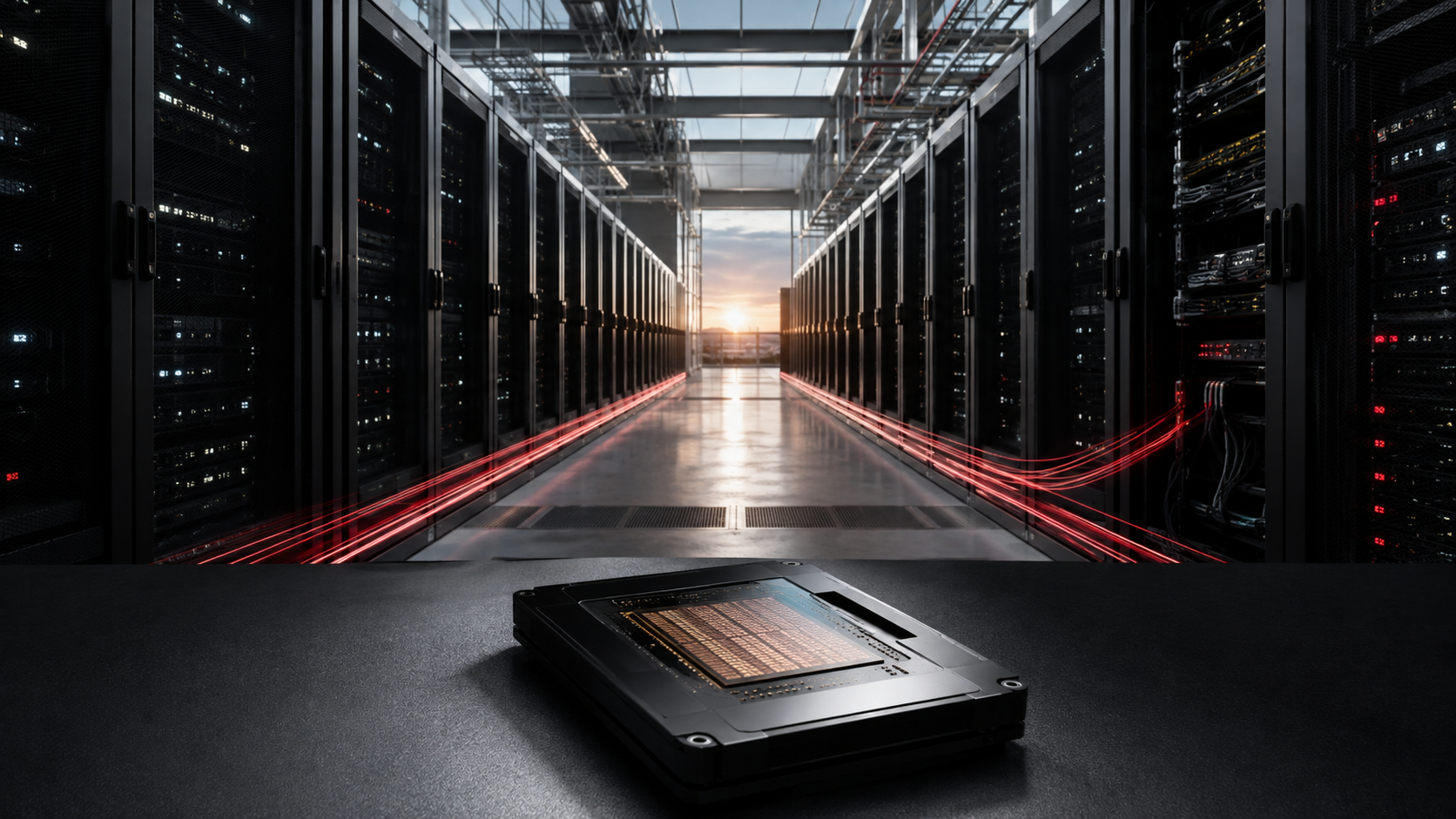 Modernes Rechenzentrum mit unbeschriftetem KI-Chip und roten Datenlinien im Morgenlicht